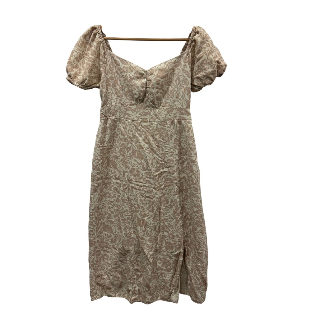 Jessica Simpson Tan Floral Damask Puff Sleeve‎ Midi Dress Smocked Back Small